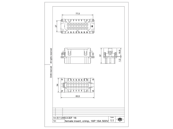 female insert, size 77.27, 16p+PE, crimp, 16A, 500V
