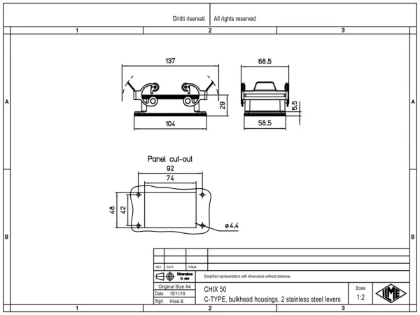 bulkhead mounting housing, size 66.40, C-TYPE alu, 2 levers stainless steel
