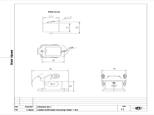 bulkhead mounting housing, size 21.21, EMC zinc, 1 lever stainless steel