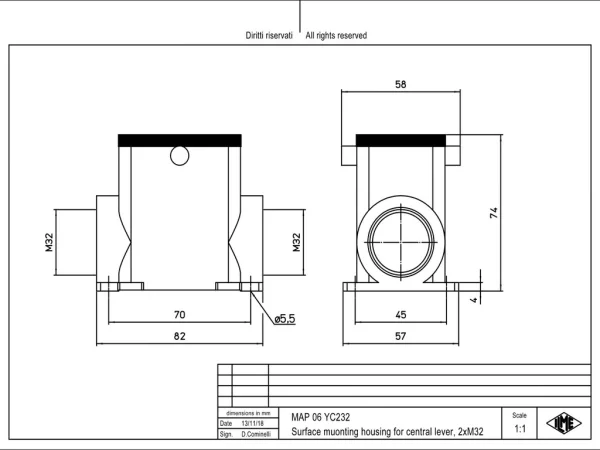 surface mounting housing, high, size 44.27, central lever alu, 2 pegs, 2xM32 side