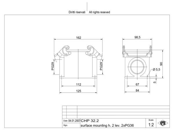 surface mounting housing, size 77.62, C-TYPE alu, 2 levers, 2xPG36 side