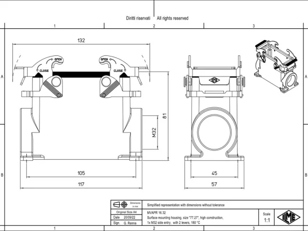 surface mounting housing, size 77.27, 180 °C alu, 2 levers, 1xM32 side