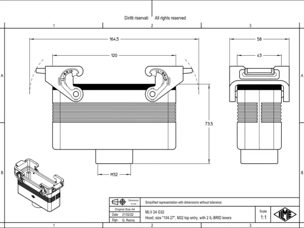 hood, size 104.27, IL-BRID stainless steel, 2 levers, 1xM32 top