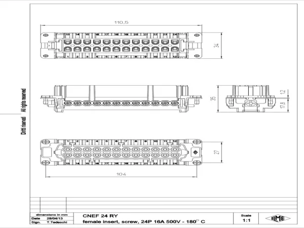 female insert, size 104.27, 24p+PE, silver, screw, 16A, 500V, 180°C