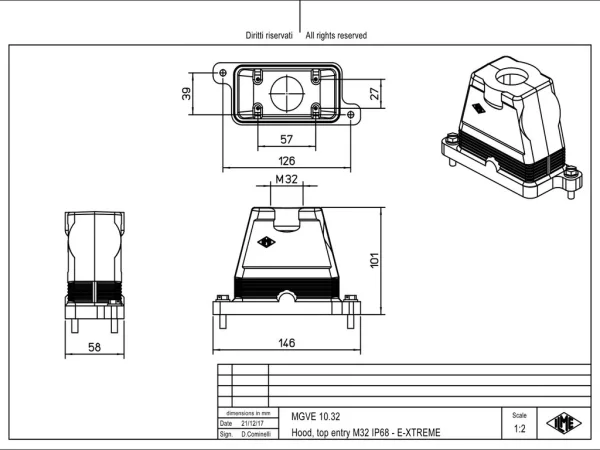 hood, size 57.27, IP68 E-Xtreme alu, screw locking, 1xM32 top