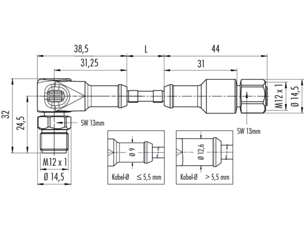 Connecting cable, Male angled connector M12x1 - Female cable connector M12x1