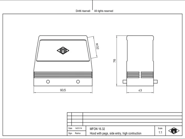 hood, high, size 77.27, LS-type alu, 4 pegs, 1xM32 side, no adaptor