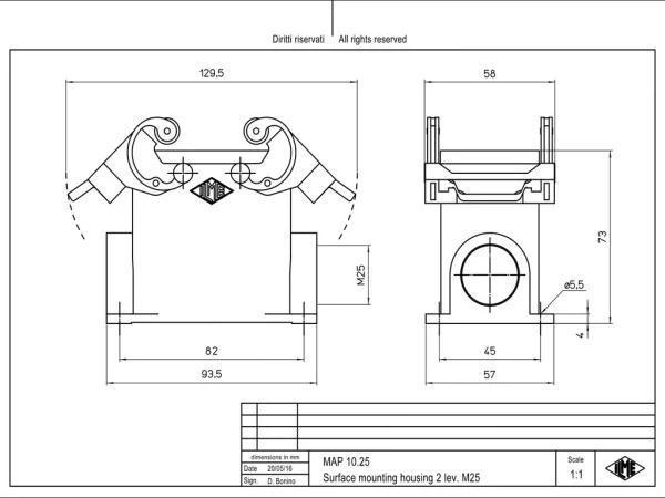surface mounting housing, high, size 57.27, C-TYPE alu, 2 levers, 1xM25 side