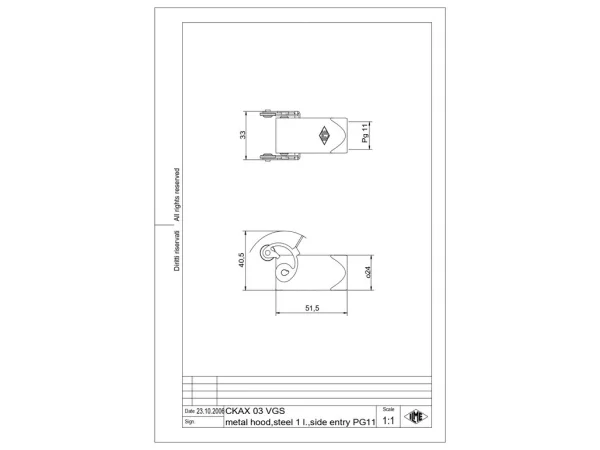 hood, size 21.21, CKA zinc, 1 lever stainless steel, 1xPG11 top
