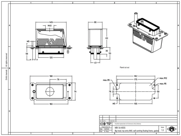 hood, size 104.27, BIG alu, 1xM40 top, self-centring docking frame, gasket