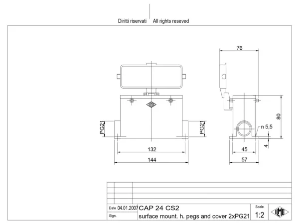surface mounting housing, high, size 104.27, C-TYPE alu, 4 pegs, 2xPG21 side, cov.