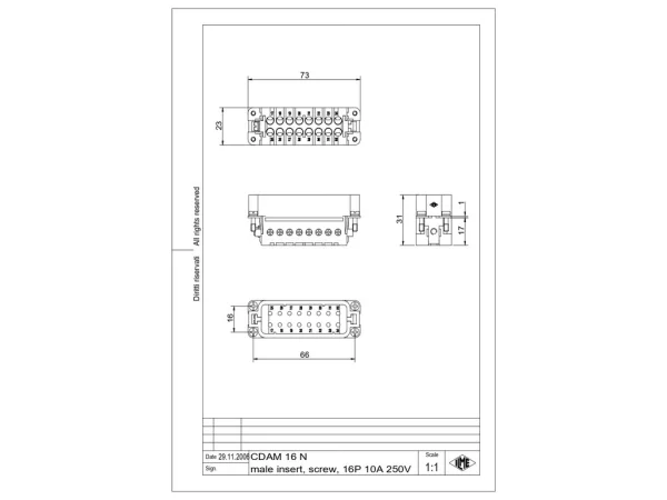 male insert, 16p+PE, silver, screw, 16A, 250V, for size 66.40 no.17-32