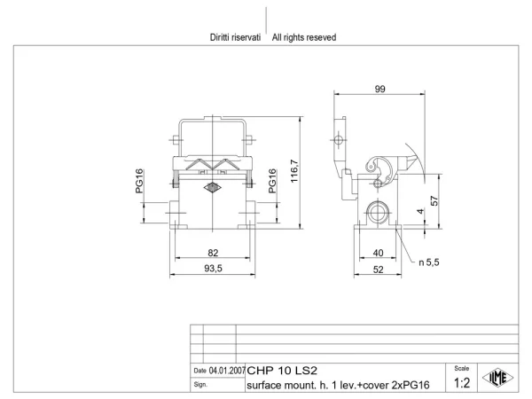 surface mounting housing, size 57.27, C-TYPE alu, 1 lever, 2xPG16 side, cov.