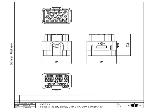 female insert, size 21.21, 21p, crimp, 6,5A, 50V ac/120V dc