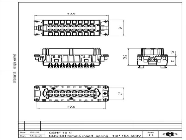 female insert, 16p+PE, silver, SQUICH, 16A, 500V, for size 77.62 no.17-32