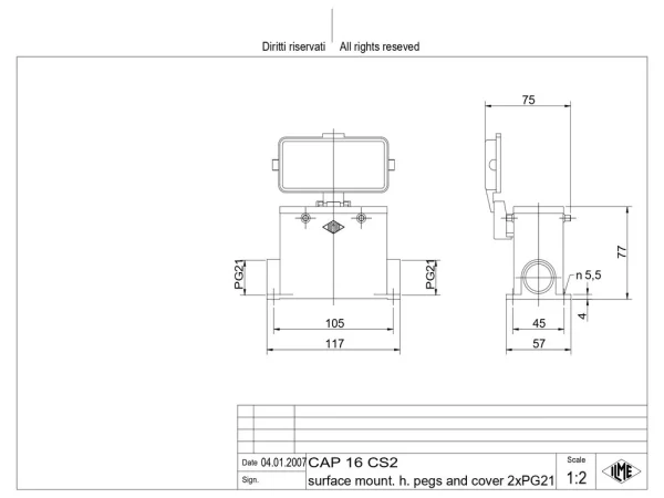 surface mounting housing, high, size 77.27, C-TYPE alu, 4 pegs, 2xPG21 side, cov.