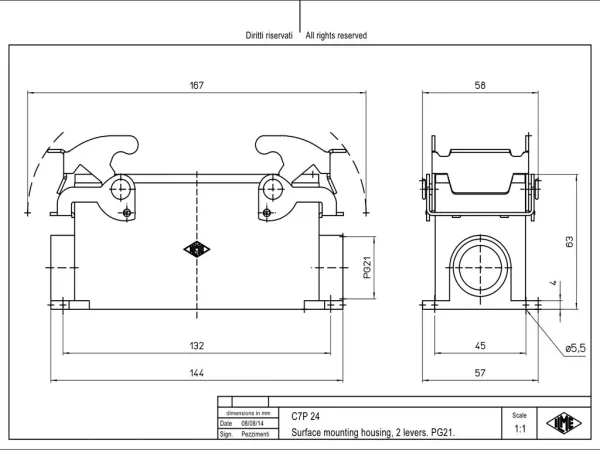 surface mounting housing, size 104.27, V-TYPE alu, 2 levers, 1xPG21 side