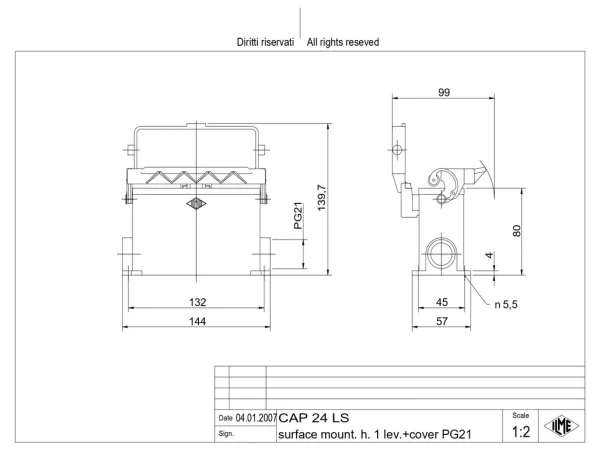 surface mounting housing, high, size 104.27, C-TYPE alu, 1 lever, 1xPG21 side, cov.