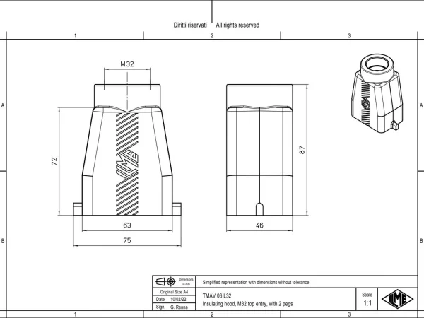 hood, high, size 44.27, T-TYPE plastic, 2 pegs, 1xM32 top