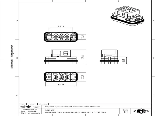male insert, size 32.13, 8p+PE, crimp, 16A, 500V, additional PE plate