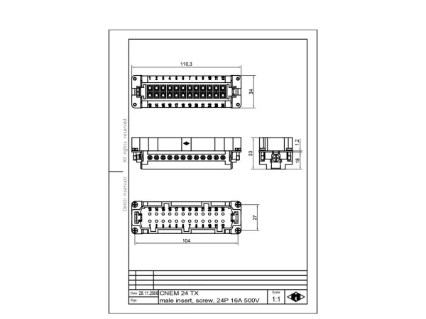 male insert, size 104.27, 24p+PE, silver, screw, 16A, 500V
