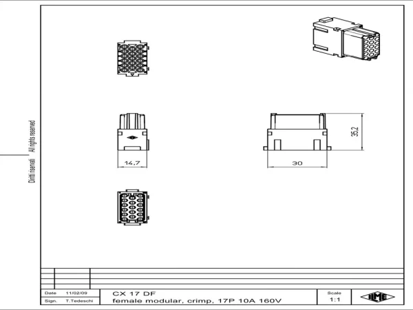 female insert, MIXO, 1MU, 17p, crimp, 10A, 160V