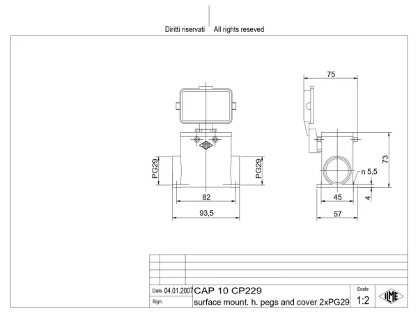 surface mounting housing, high, size 57.27, C-TYPE alu, 4 pegs, 2xPG29 side, cov.