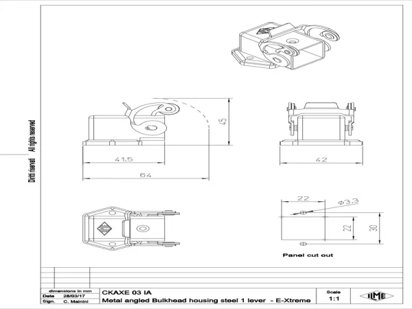 bulkhead mounting housing, angled, size 21.21, E-Xtreme alu, 1 lever stainless steel