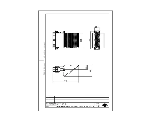 female insert, size 104.27, 64p+PE, silver, screw, 10A, 250V, left