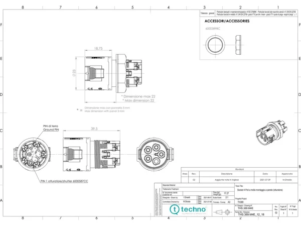 Mini socket connector panel-mounted, screwless