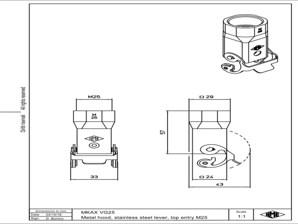 hood, size 21.21, CKA zinc, 1 lever stainless steel, 1xM25 top