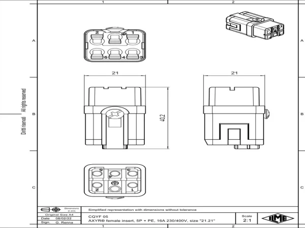 female insert, size 21.21, 5p+PE, AXYR® push-in connection, 16A, 230/400V