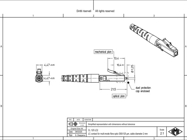fibre optic contact, series LC, 2 mm sheath, for multi-mode fibres