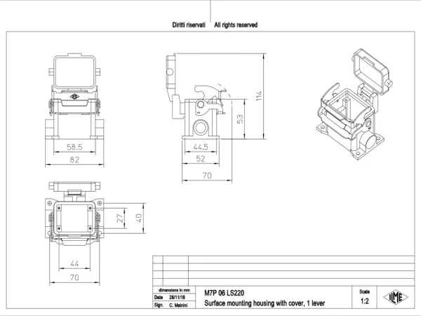 surface mounting housing, size 44.27, V-TYPE alu, 1 lever, 2xM20 side, cover metal