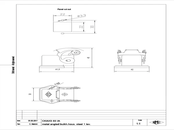 bulkhead mounting housing, angled, size 21.21, EMC zinc, 1 lever stainless steel