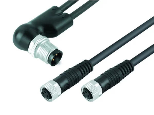 Angled duo male connector M12x1, 2 female cable connectors M8x1