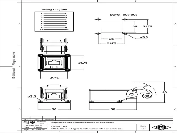 bulkhead mounting connector, angled, size 21.21, zinc, 1 lever stainless steel, 8p, RJ45