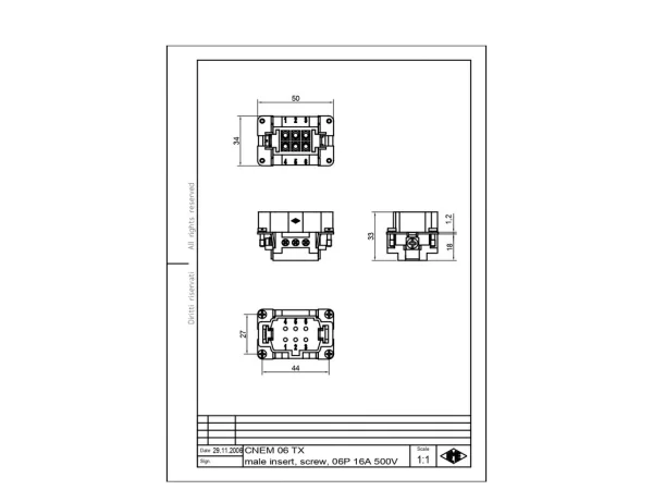 male insert, size 44.27, 6p+PE, silver, screw, 16A, 500V