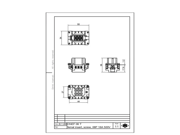 female insert, size 44.27, 6p+PE, silver, screw, 16A, 500V