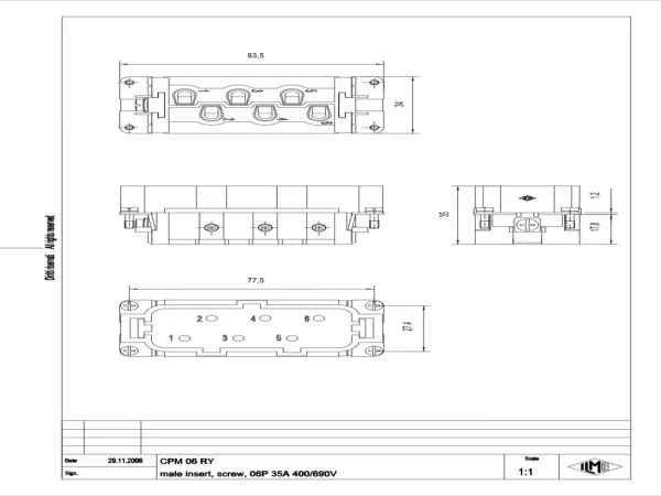 male insert, size 77.27, 6p+PE, silver, screw, 35A, 400, 690V, 180°C