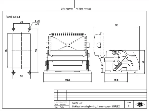 bulkhead mounting housing, size 57.27, V-TYPE alu, 1 lever, spring cover