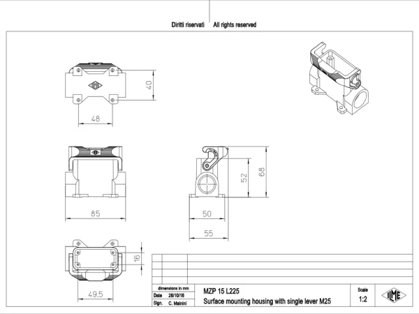 surface mounting housing, size 49.16, IL-BRID alu, 1 lever, 2xM25 side
