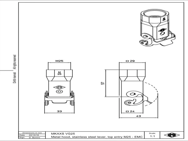 hood, size 21.21, EMC zinc, 1 lever stainless steel, 1xM25 top