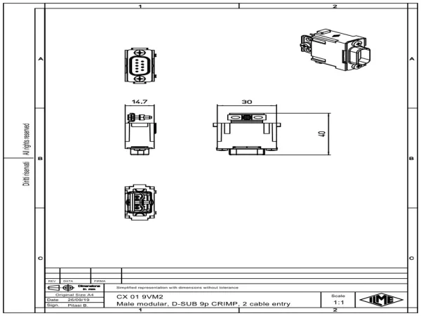 male insert, MIXO, 1MU, 9p, crimp, 5A, 50V, D-SUB, double cable entry