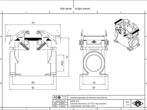 surface mounting housing, size 57.27, 180 °C alu, 2 levers, 1xM32 side