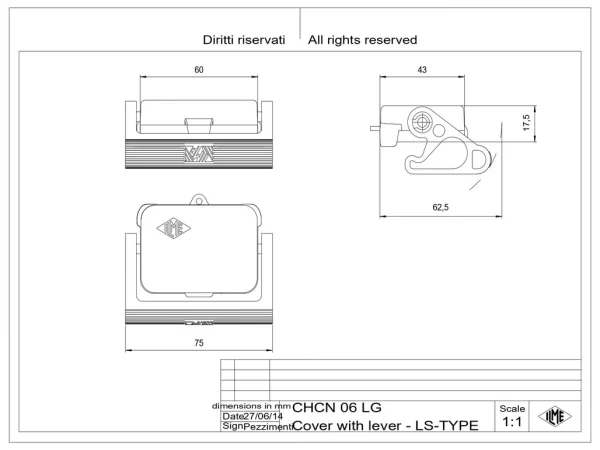 protection cover, size 44.27, LS-type alu, 1 lever, gasket, loop