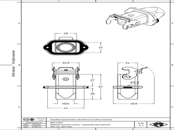 bulkhead mounting housing, size 21.21, CKA zinc, 1 lever, 1xM20 rear
