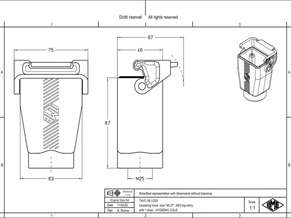 hood, high, size 44.27, T-TYPE /C plastic, 1 lever, 1xM25 top