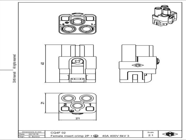 female insert, size 21.21, 2p+PE, crimp, 40A, 400V