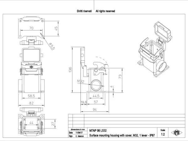 surface mounting housing, high, size 44.27, V-TYPE alu, 1 lever, 2xM32 side, cover metal